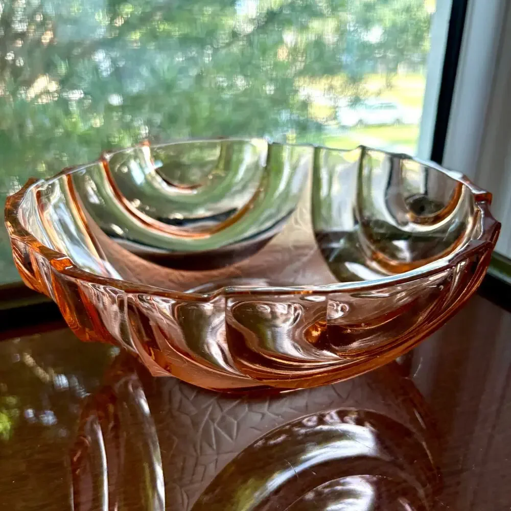 Vintage Pink Pressed Glass Bowl Made in Poland Art Deco Scalloped Edge
